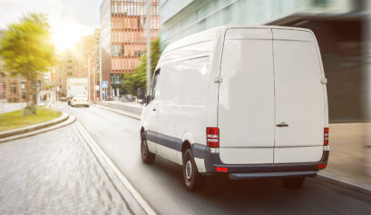 Cargo van driving in the city